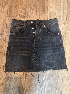 Classic Black Distressed Denim Mini Skirt with Button Front